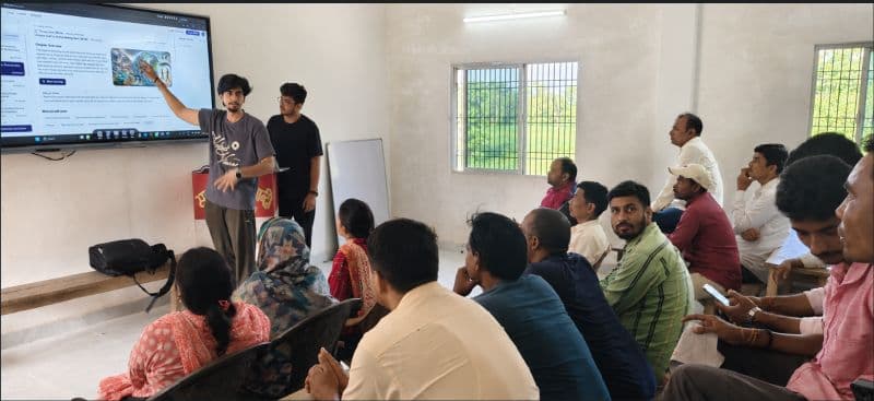 Leoki being introduced to teachers and community members in Bhitiharwa, Bihar