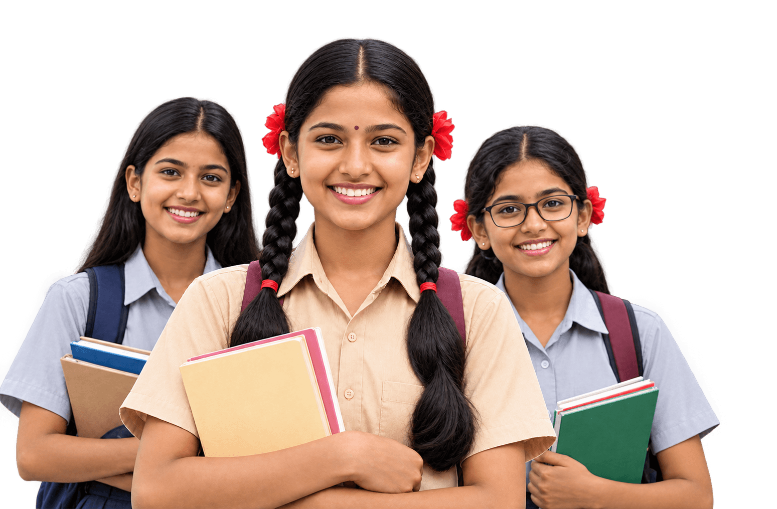 Three smiling schoolgirls holding their books