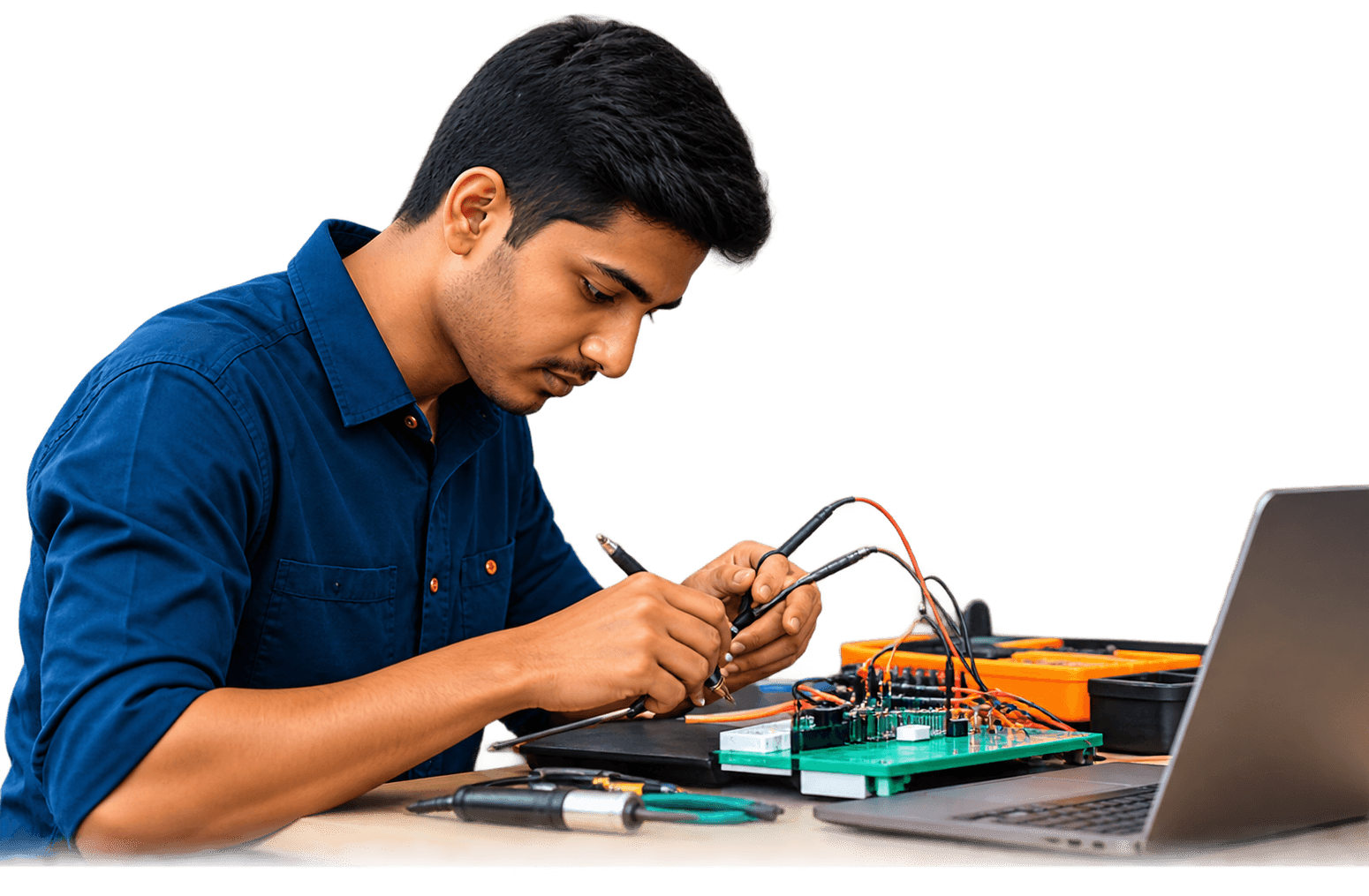 A trainee working on a circuit board beside a laptop