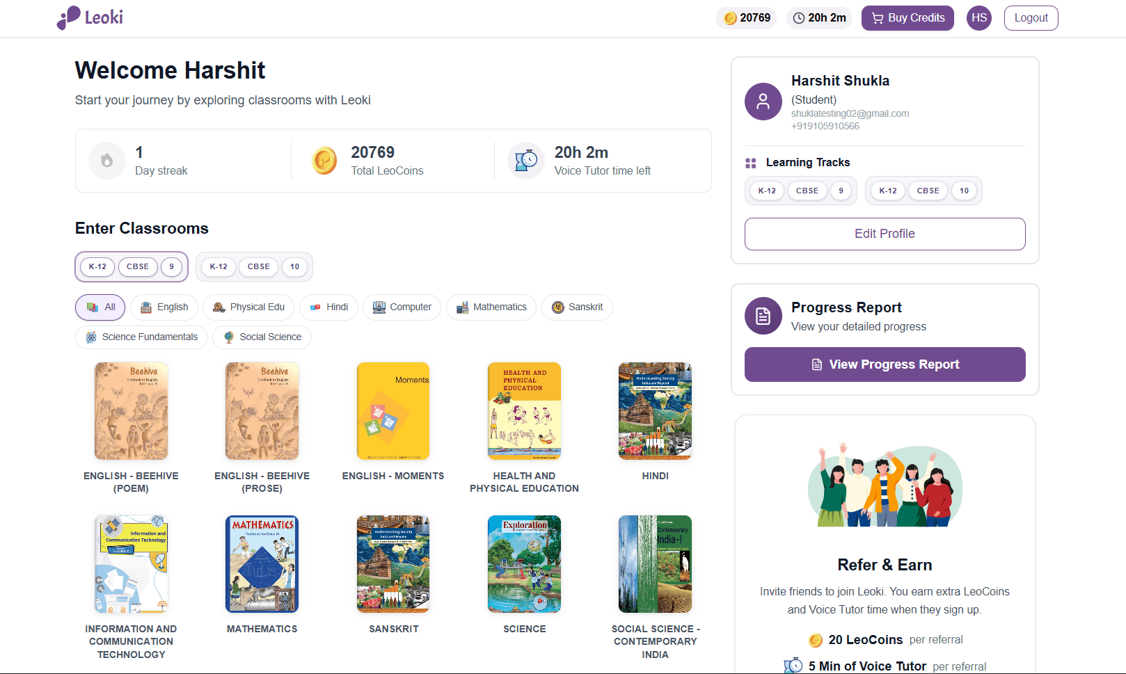 Leoki dashboard with a classroom for every subject
