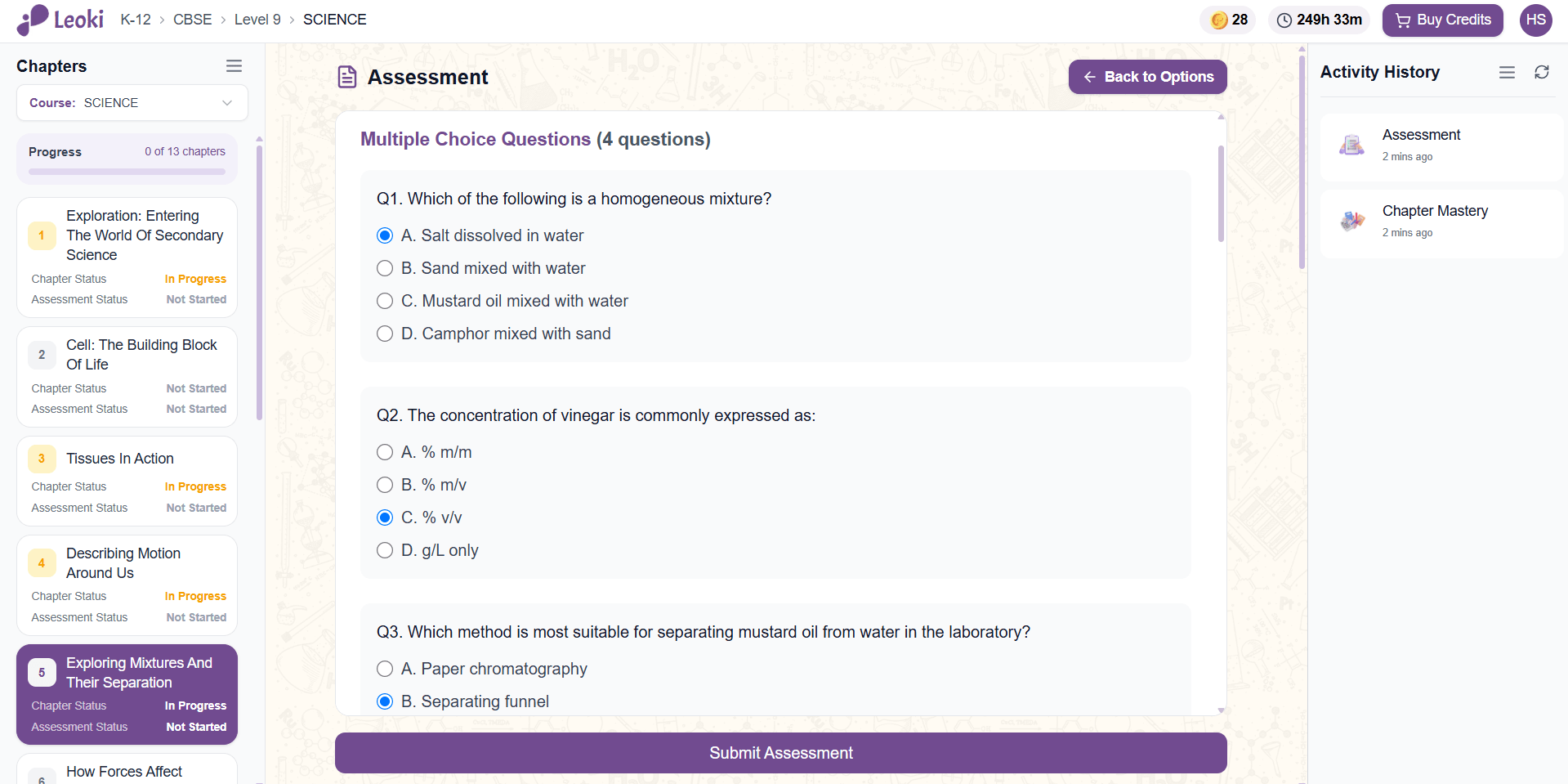 A chapter assessment with multiple-choice questions