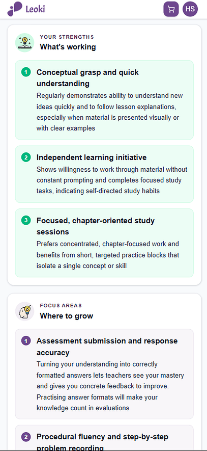 Strengths and focus areas from a learning report