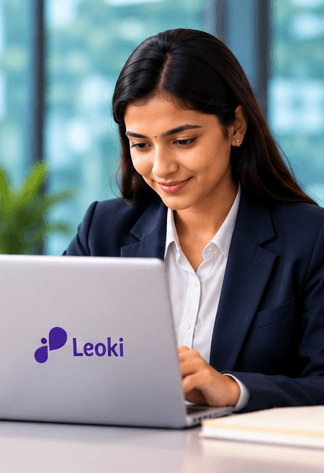 A professional working on a laptop in an office