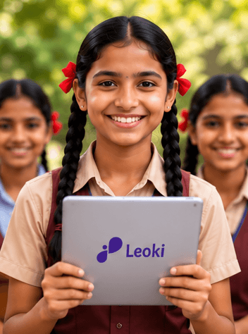 A schoolgirl holding a tablet with her classmates behind her