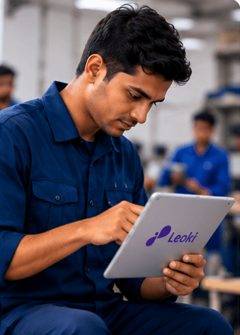 A trainee using a tablet in a workshop