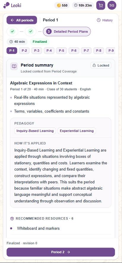 A period plan with its summary, pedagogy and recommended resources
