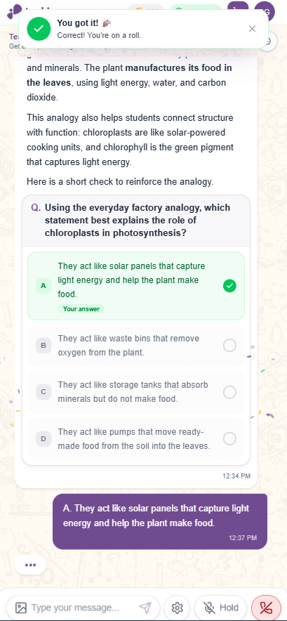 A quick concept check answered correctly