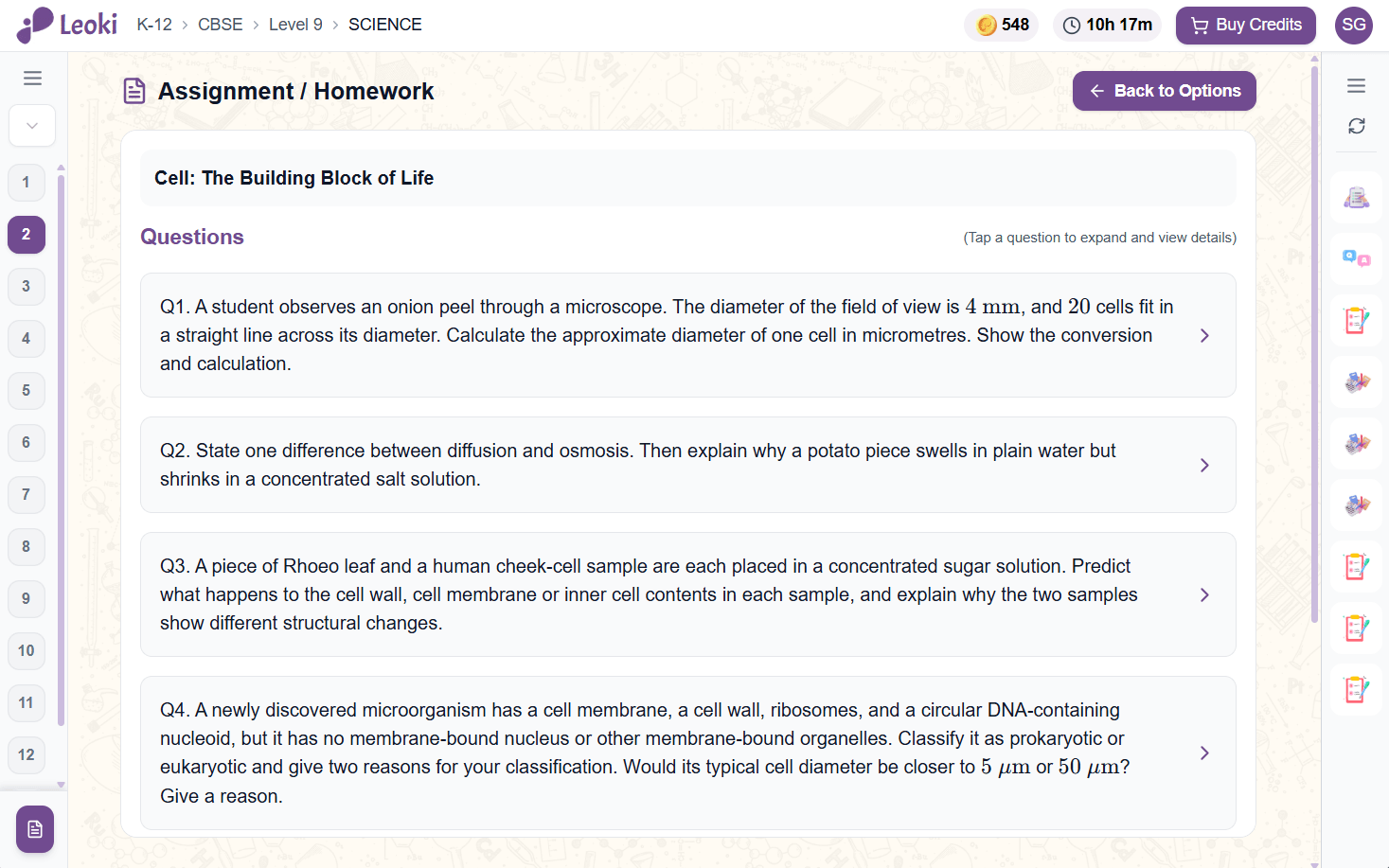 A homework assignment generated for a science chapter