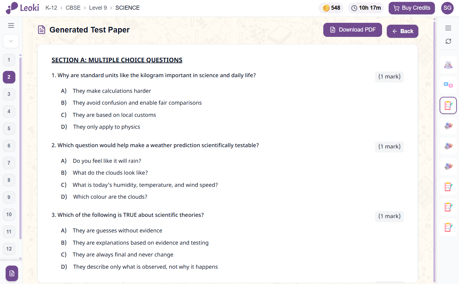 A generated test paper with multiple-choice questions and marks