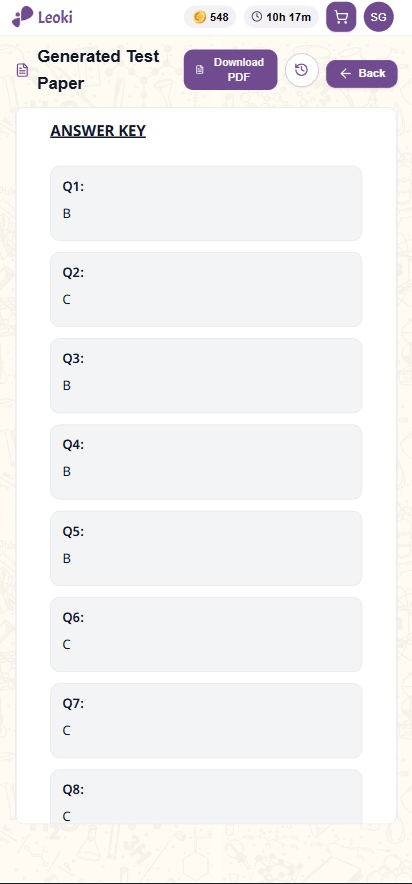 The test paper's answer key