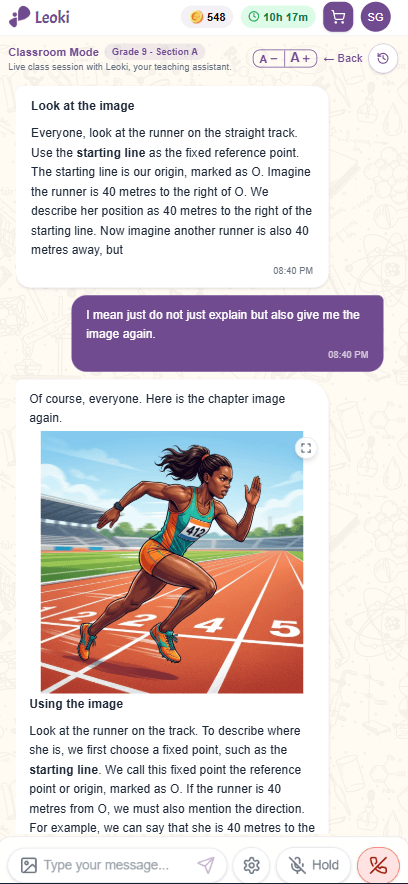 Classroom mode explaining position from a reference point, with the chapter image